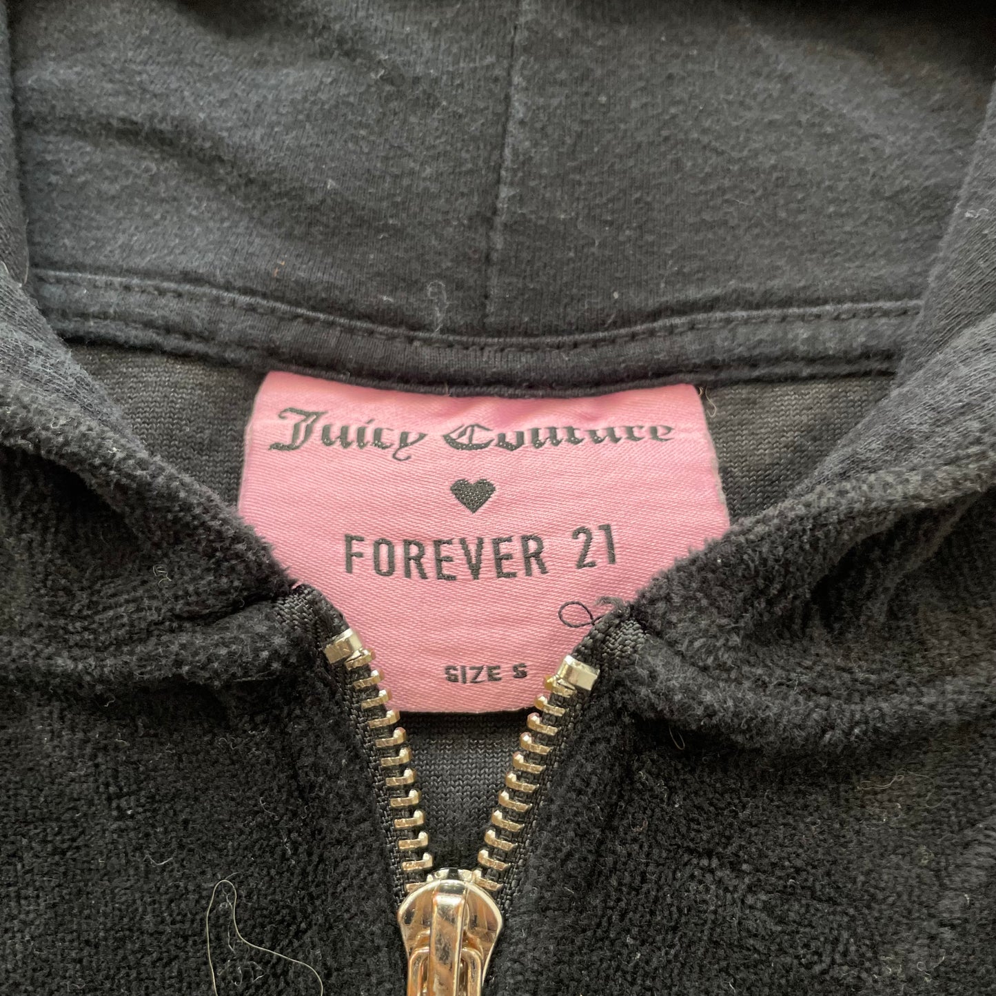 Juicy Couture Women's Black Velour Zip-Up Hoodie Drawstring Pockets Logo Size S