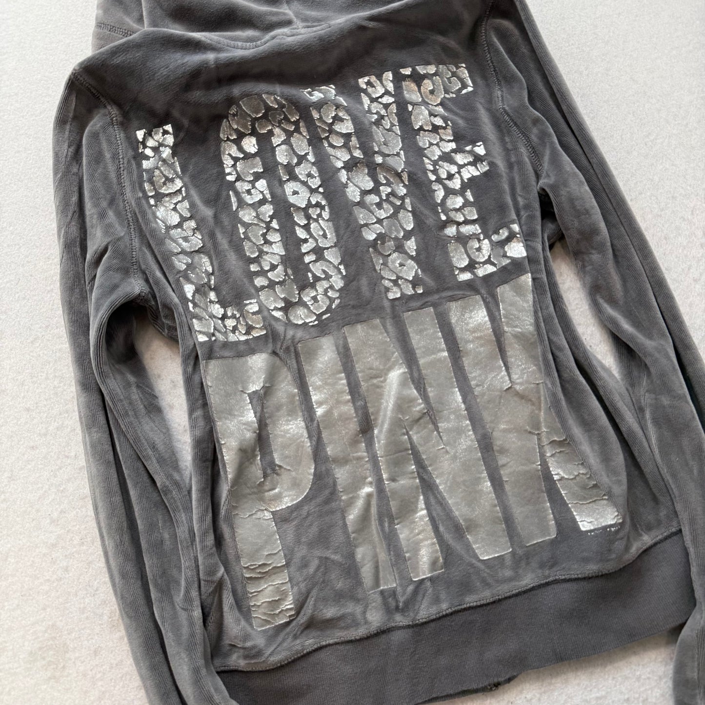 PINK Victoria's Secret Women's Charcoal Velour Zip Up Hoodie Graphic Logo Size L