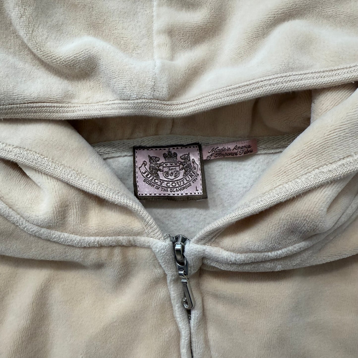 Vintage Juicy Couture Women's Tan Velour Zip-Up Hoodie Loungewear Pockets Size L