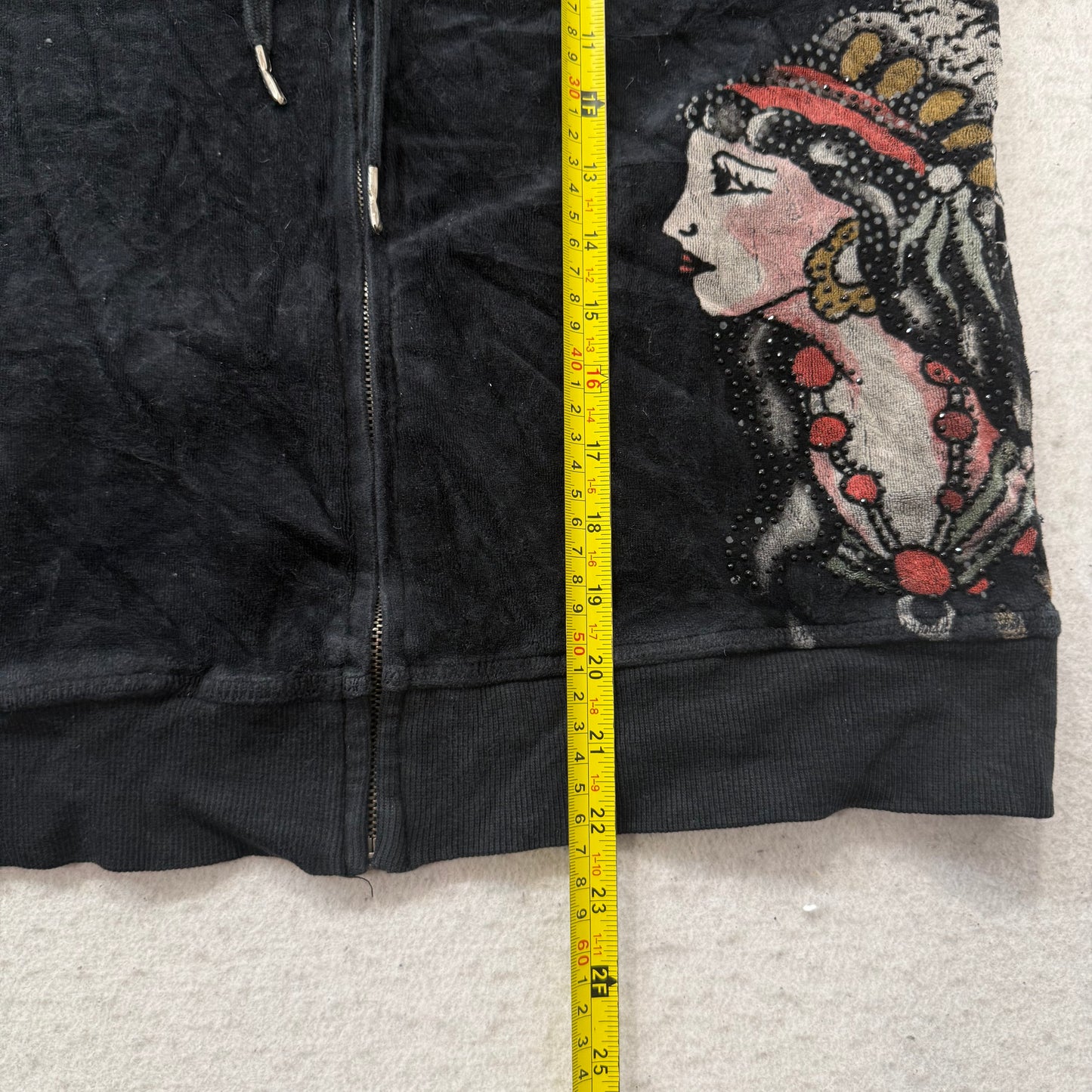 Ed Hardy Roses Gypsy Women's Black Velour Zip-Up Hoodie Tattoo Print Logo Size L