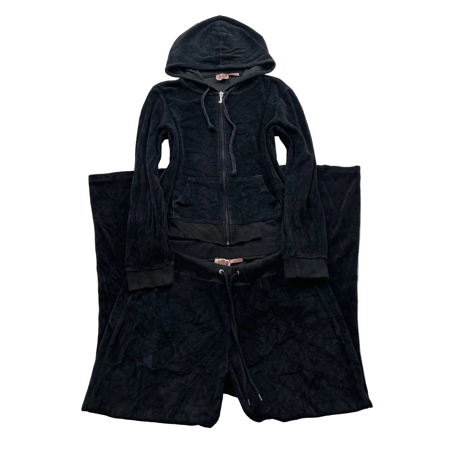 Juicy Couture Womens Black Velour Tracksuit Set Hoodie & Flared Pant Y2k Size XL