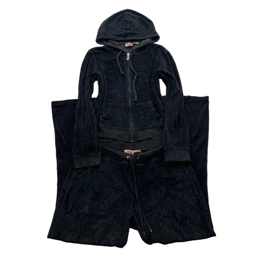 Juicy Couture Womens Black Velour Tracksuit Set Hoodie & Flared Pant Y2k Size XL