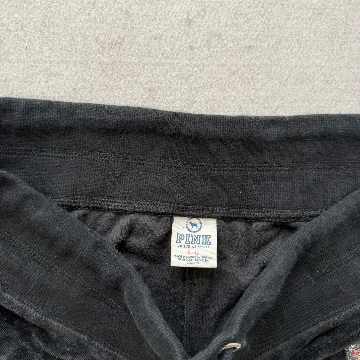 PINK Victoria’s Secret Womens Black Velour Flared Track Pant Sequins Logo Size L