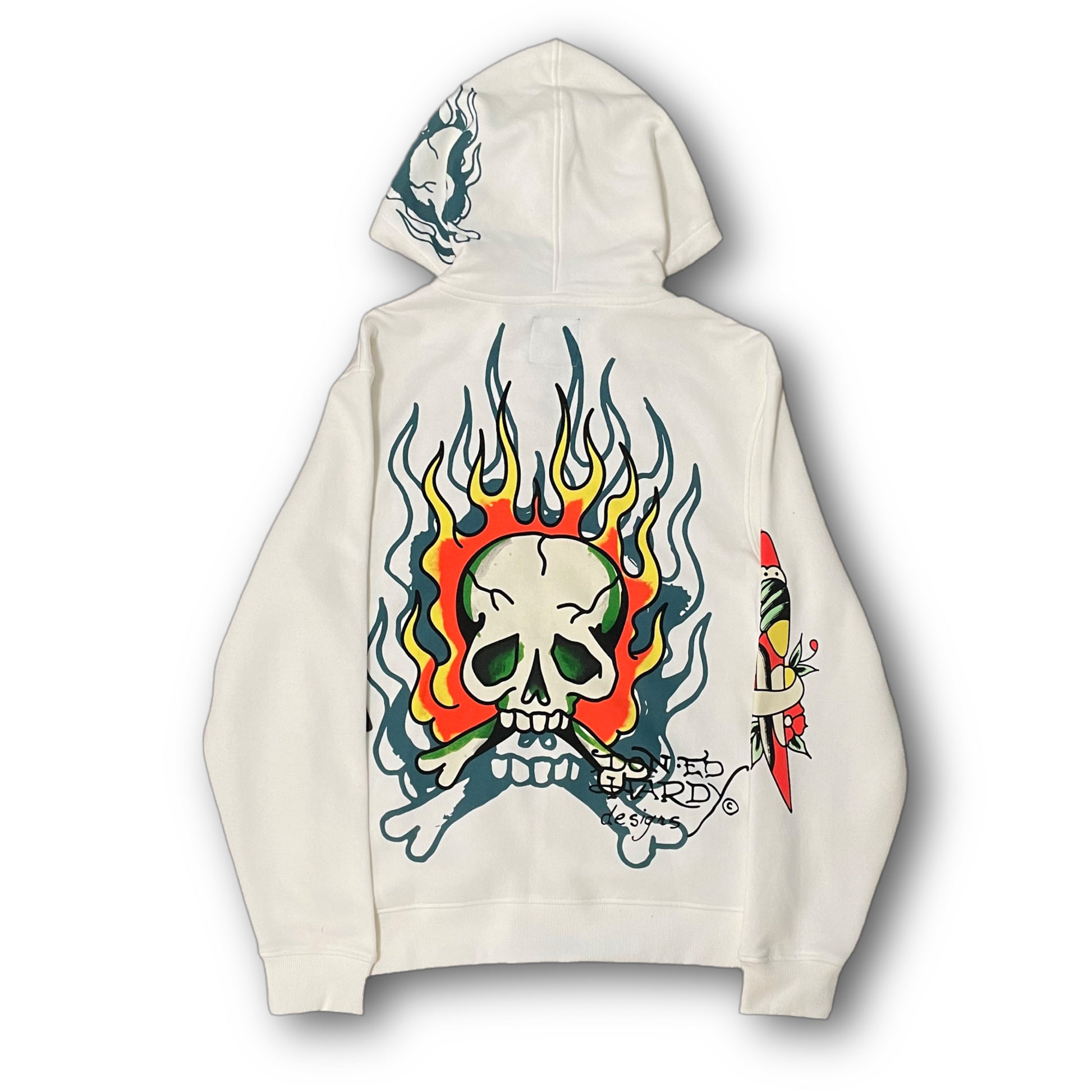 ED HARDY “flaming skull” WHITE ZIP UP HOODIE - Clean Curriculums 