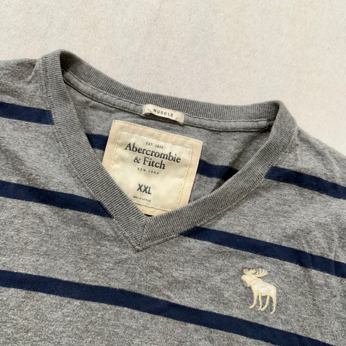 Abercrombie & Fitch Co. Men's Gray Navy Stripes Cotton T-Shirt V-Neck Size 2XL