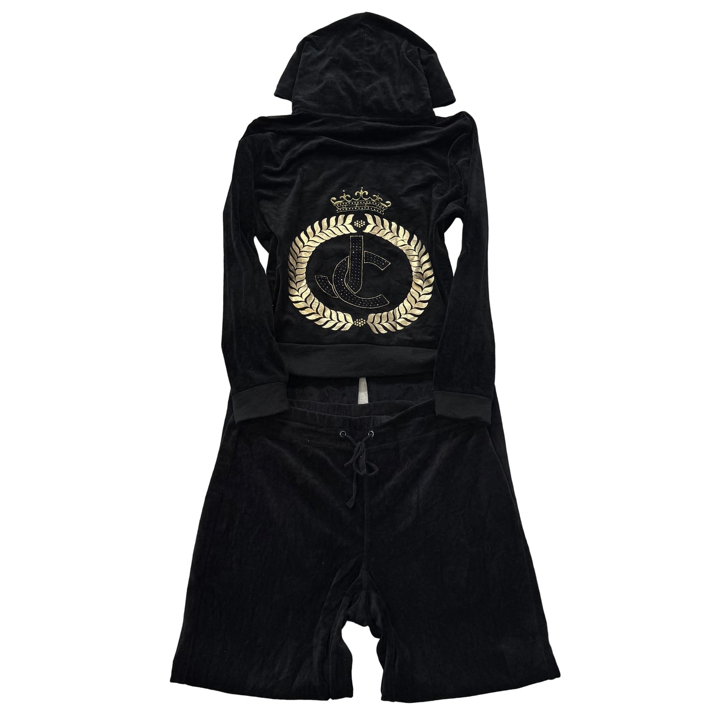 Juicy Couture Women's Black Velour Tracksuit Set Hoodie & Pant Crest Logo Size L