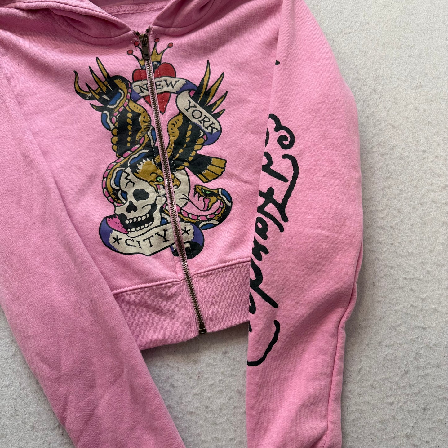 Ed Hardy Skull Eagle Women's Pink Zip-Up Cropped Hoodie Tattoo Graphic Size S