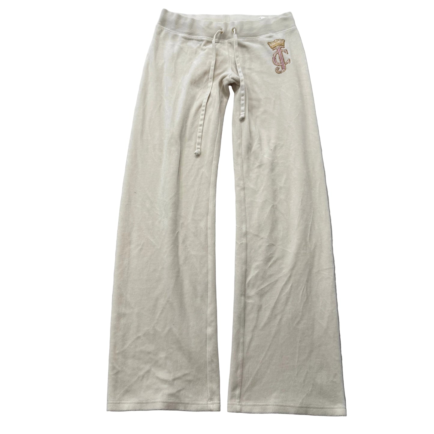 Juicy Couture Women's Cream Velour Flared Track Pant Monogram Crown Logo Size S