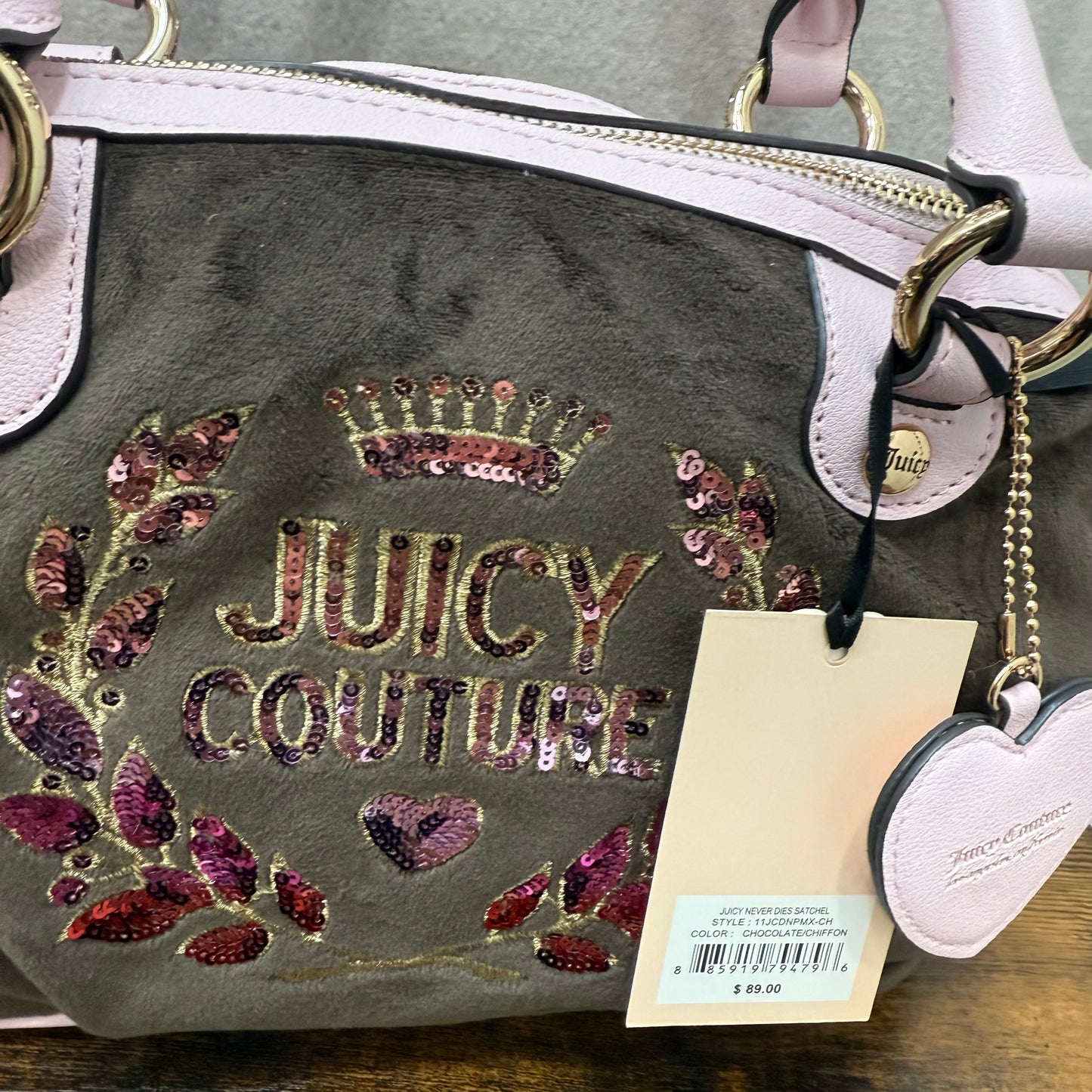 Vintage Juicy Couture brown velour mini bowler bag pink sequin logo heart charm