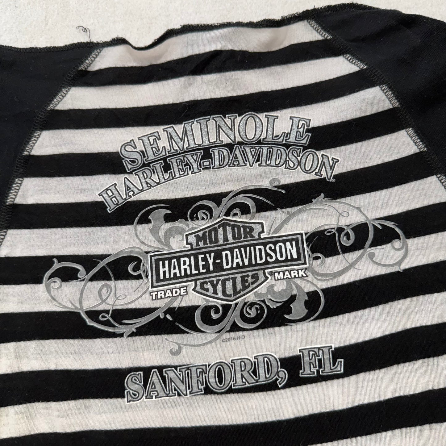 Harley-Davidson Women's Black White Striped Top Raglan Cut Curved Hem Y2K Size S