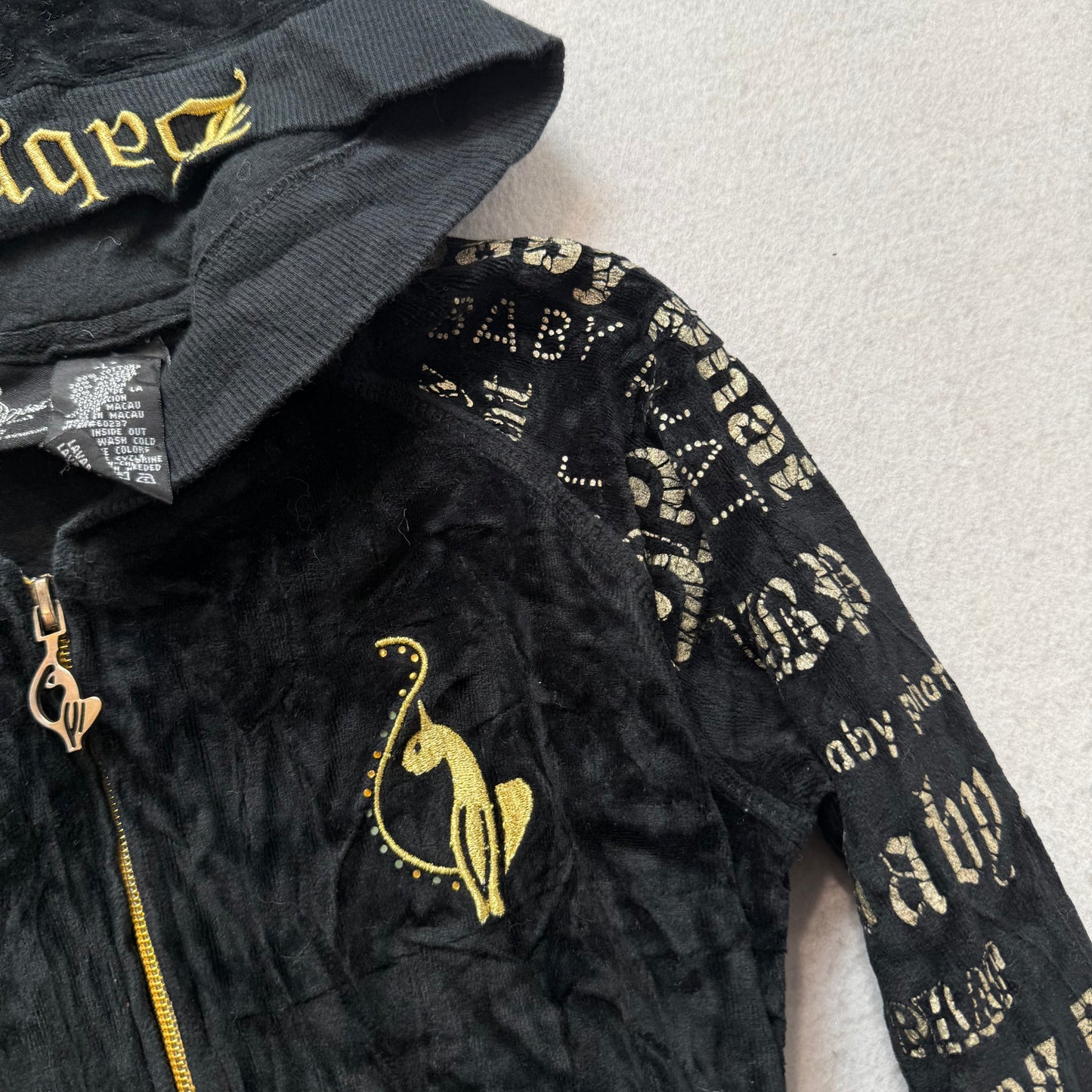 Baby Phat Women Black Velour Zip Up Hoodie All-Over Print Rhinestone Logo Size L