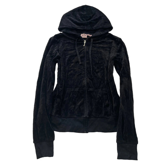 Juicy Couture Women's Black Velour Zip-Up Hoodie Drawstring Pockets Y2k Size XL