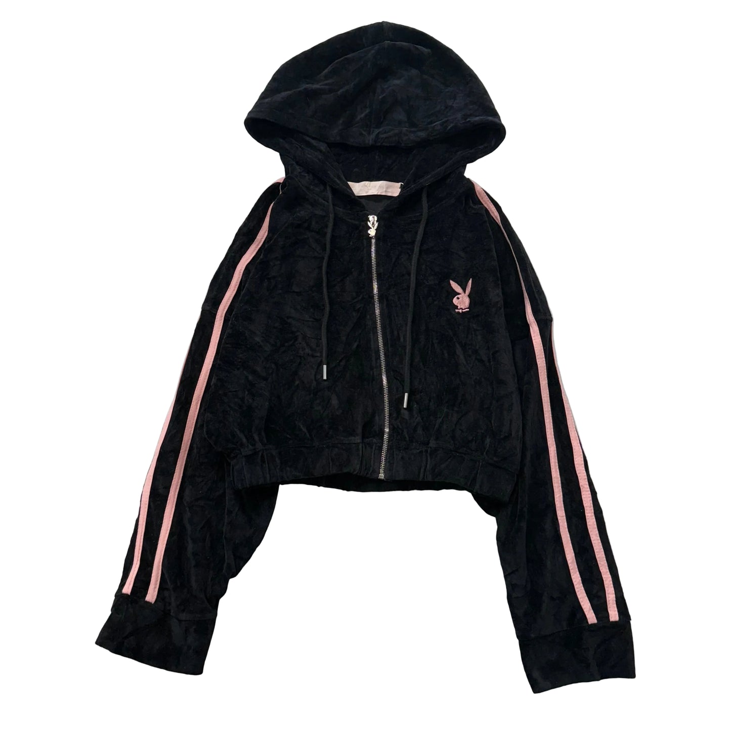 Playboy x Missguided Women Black Velour Zip-Up Cropped Hoodie Bunny Logo Size 16