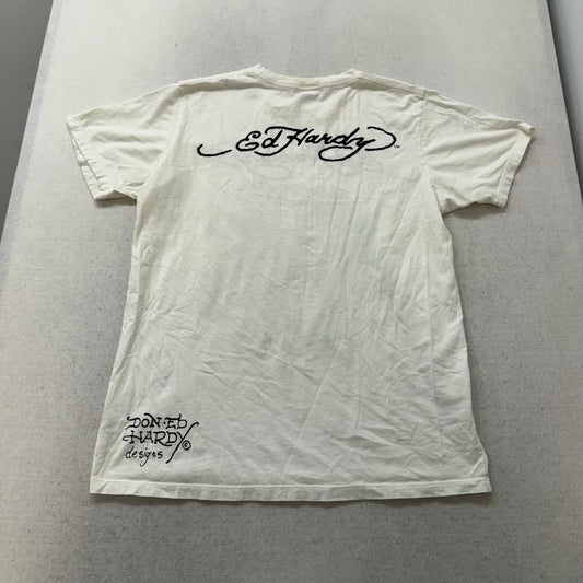 Ed Hardy Men's White Cotton T-Shirt Short Sleeves Skull Graphic Tee Logo Size L