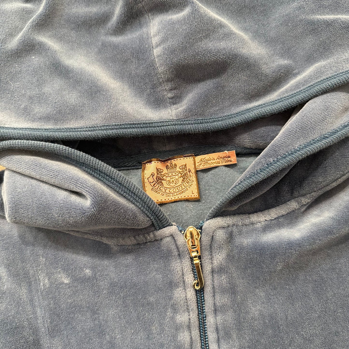 Vintage Juicy Couture Women's Navy Velour Zip-Up Hoodie Glitter Logo Y2k Size L