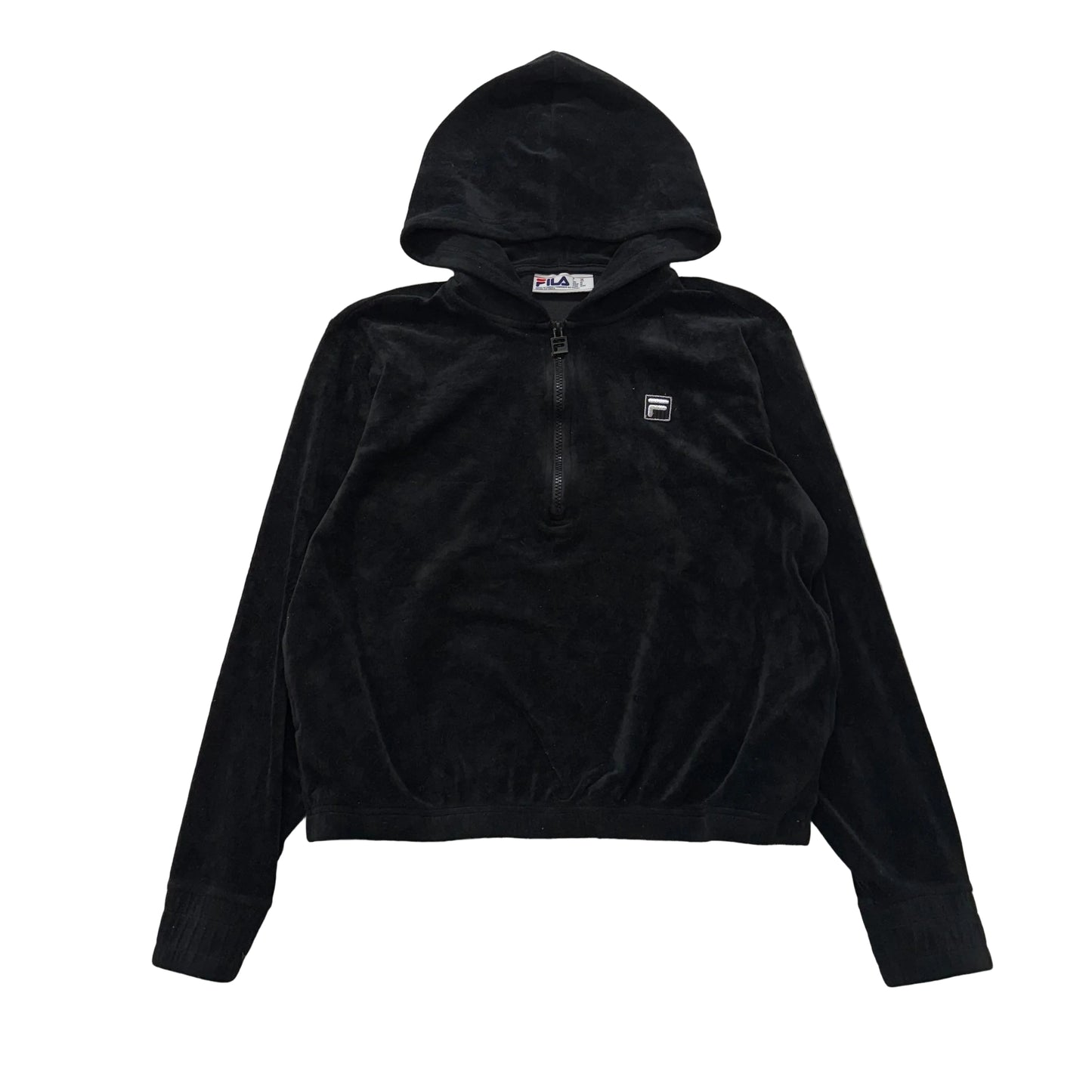 Fila Women's Jet Black Velour Pullover Hoodie Quarter Zip Elasticated Hem Size M