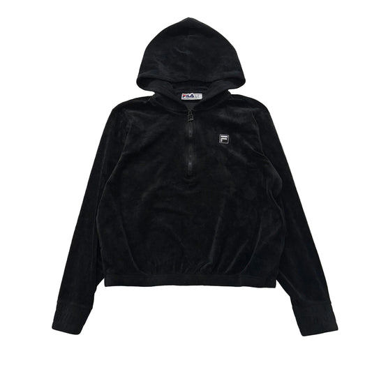 Fila Women's Jet Black Velour Pullover Hoodie Quarter Zip Elasticated Hem Size M