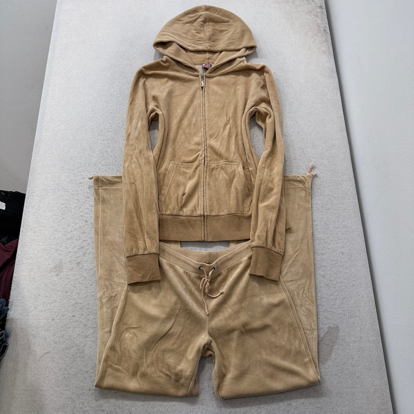 Vintage Juicy Couture Women's Beige Velour Tracksuit Set Hoodie & Pant Size L