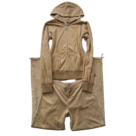 Vintage Juicy Couture Women's Beige Velour Tracksuit Set Hoodie & Pant Size L