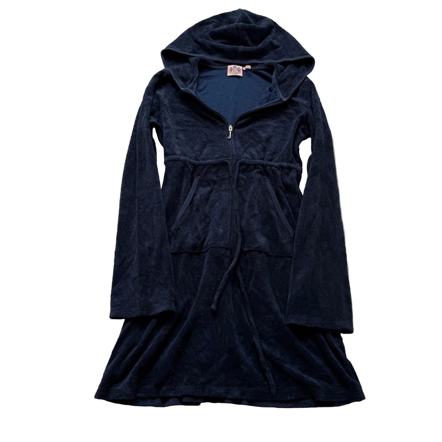 Juicy Couture Women Navy Terry Cloth Zip-Up Hooded Flare Dress Drawstring Size M