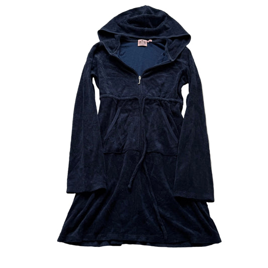 Juicy Couture Women Navy Terry Cloth Zip-Up Hooded Flare Dress Drawstring Size M