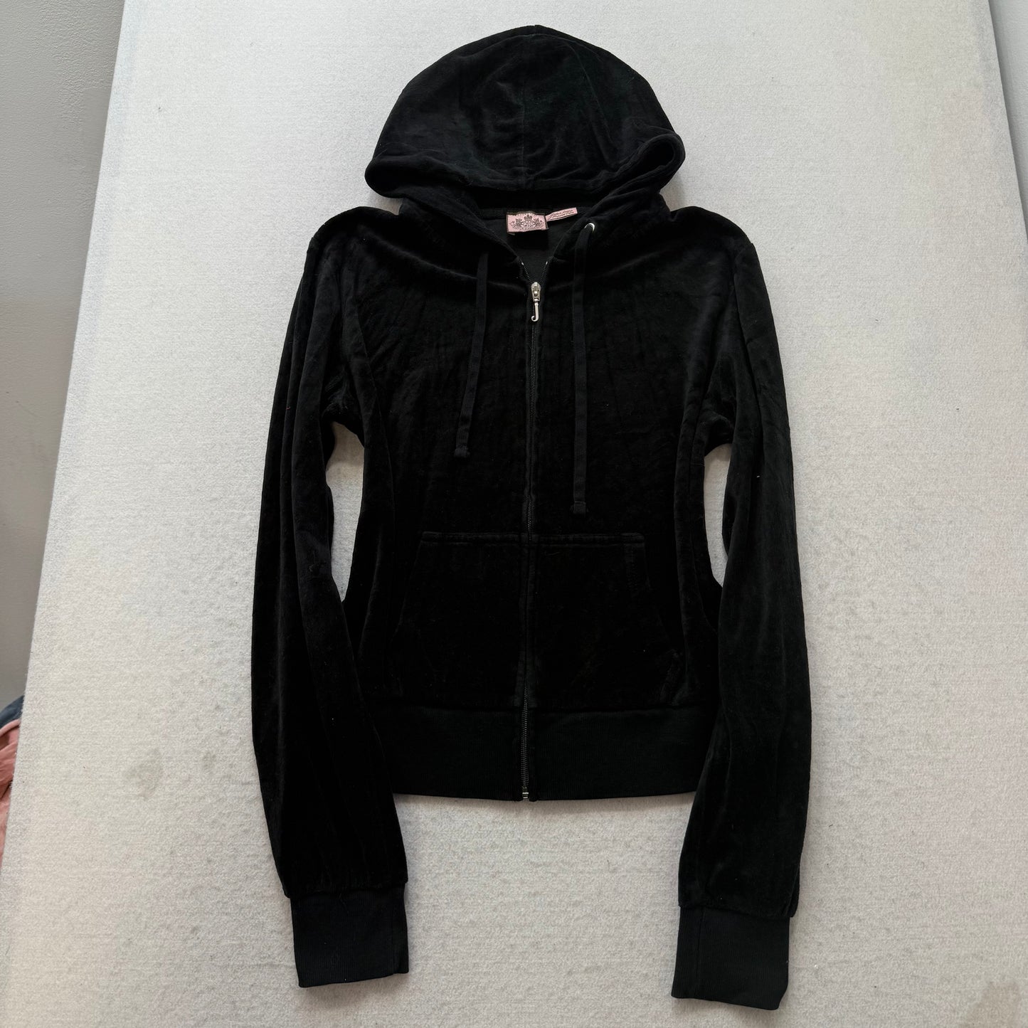 Juicy Couture Women's Black Velour Zip-Up Hoodie Crown Logo Pockets Y2k Size XL