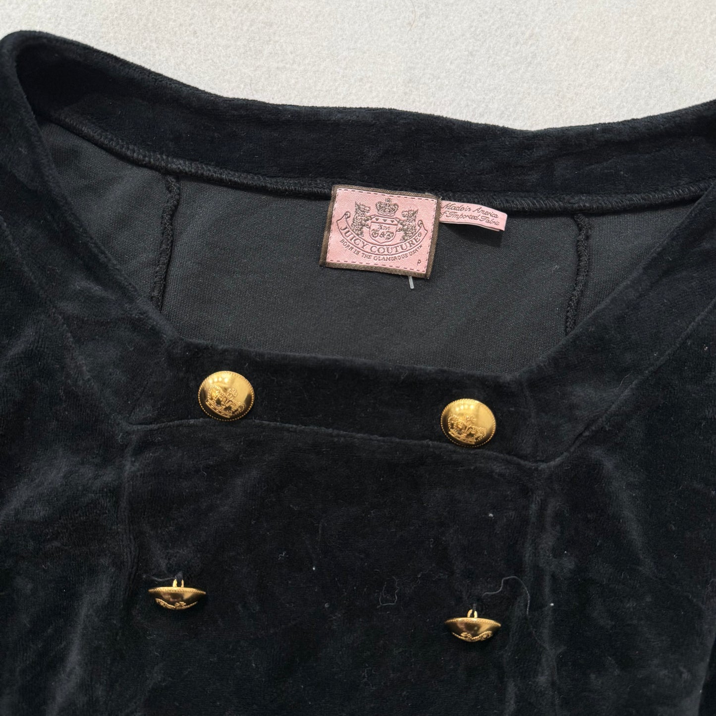 Juicy Couture Women's Black Velour Long Sleeve Dress Gold Crest Buttons Size P