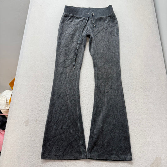 Bebe Women's Charcoal Grey Velour Flared Leg Track Pants Rhinestone Logo Size XS