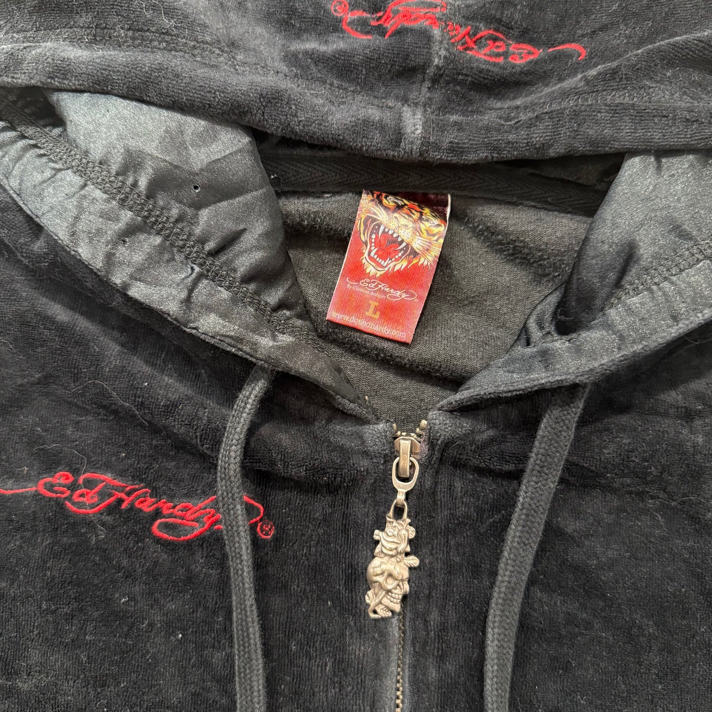 Ed Hardy Roses Gypsy Women's Black Velour Zip-Up Hoodie Tattoo Print Logo Size L