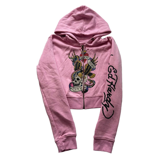 Ed Hardy Skull Eagle Women's Pink Zip-Up Cropped Hoodie Tattoo Graphic Size S