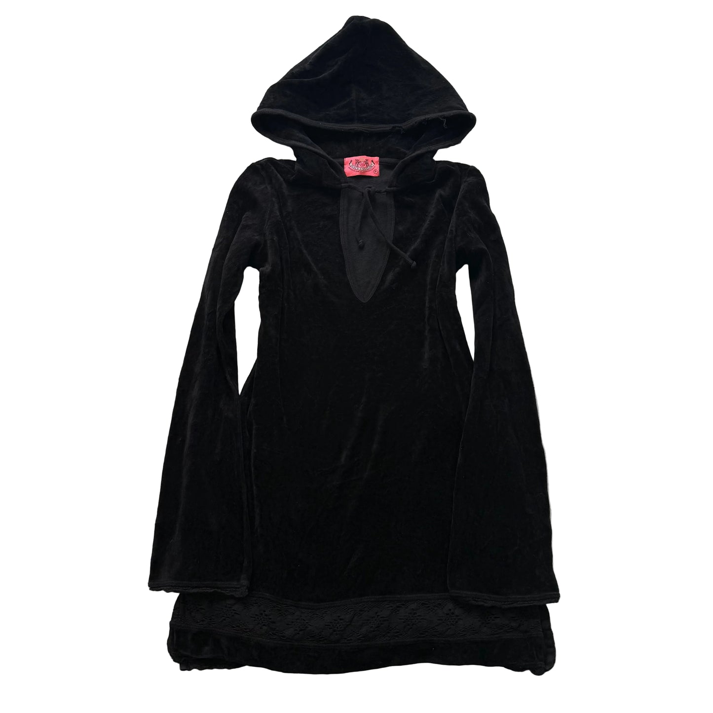2003 Vintage Juicy Couture Women Black Velour Lace Trim Hooded Mini Dress Size P