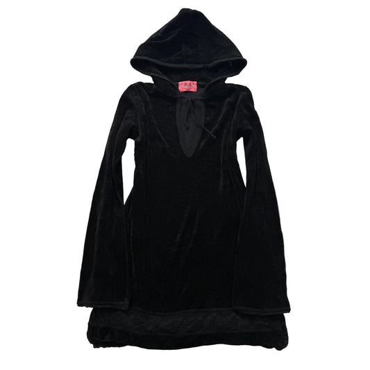 2003 Vintage Juicy Couture Women Black Velour Lace Trim Hooded Mini Dress Size P