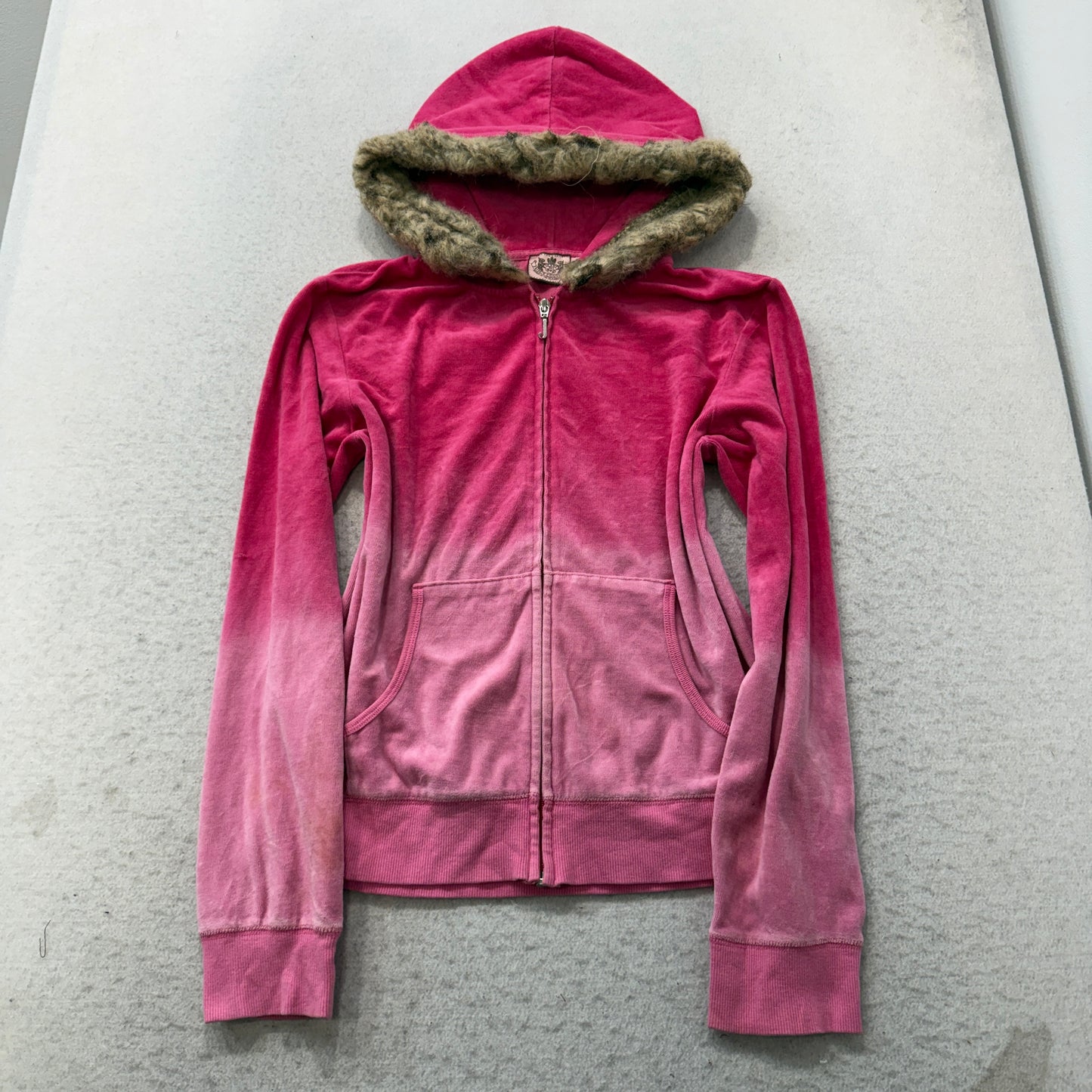 Vintage Juicy Couture Women's Pink Velour Zip-Up Faux Fur-Trimmed Hood Size L