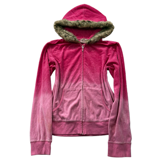 Vintage Juicy Couture Women's Pink Velour Zip-Up Faux Fur-Trimmed Hood Size L