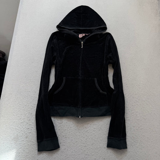 Vintage Juicy Couture Women's Jet Black Velour Zip-Up Hoodie Dog Logo Size L