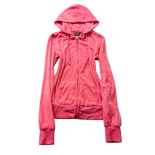 Vintage Juicy Couture Women's Pink Velour Zip-Up Hoodie Drawstring Pocket Size S