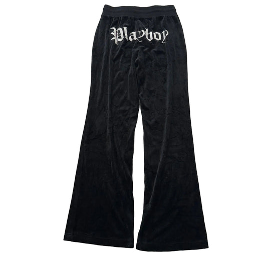 Playboy Women's Black Velour Flare Track Pant Drawstring Rhinestone logo Size XS