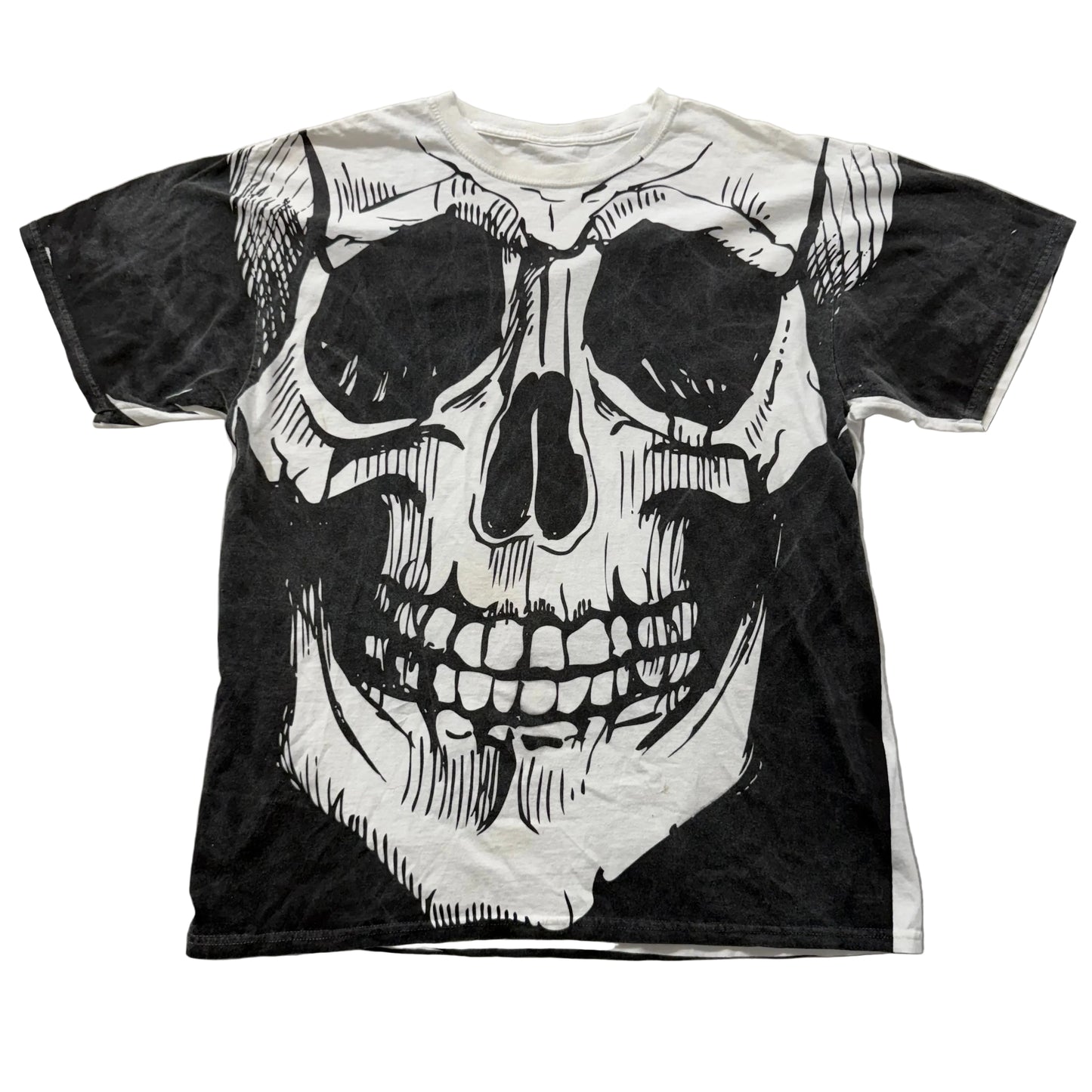 VTG Men's Black White Cotton T-Shirt Skull All-Over Print Graphic Tee Y2K Size L