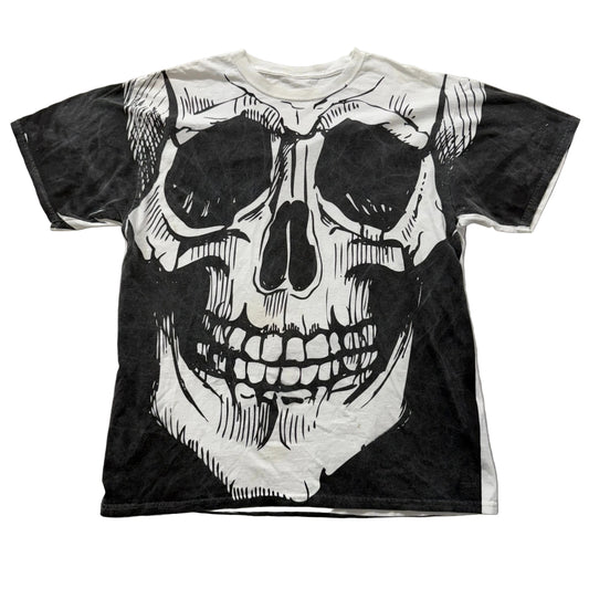 VTG Men's Black White Cotton T-Shirt Skull All-Over Print Graphic Tee Y2K Size L