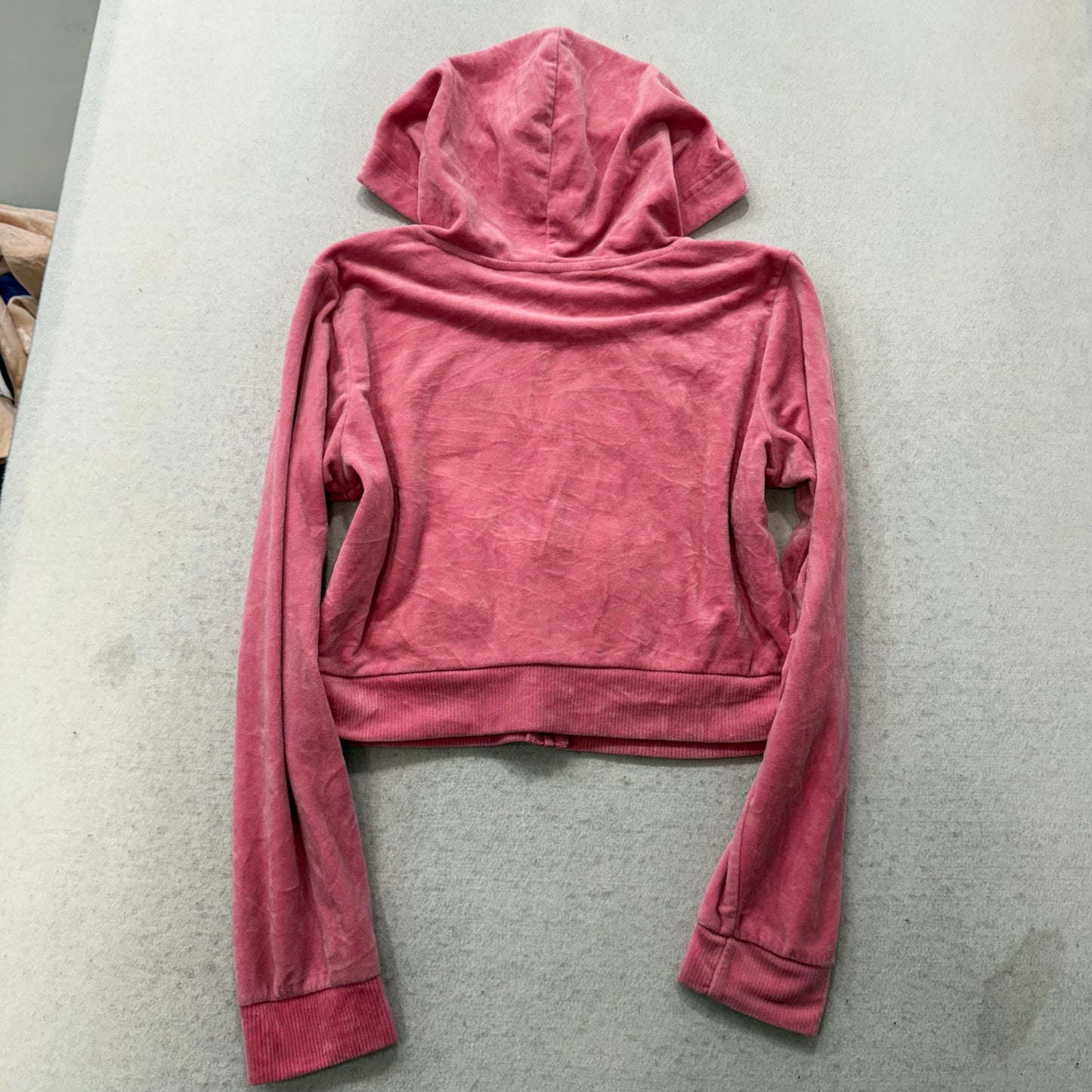 Bebe Women's Candy Pink Velour Full Zip Cropped Hoodie Rhinestones Logo Size XL