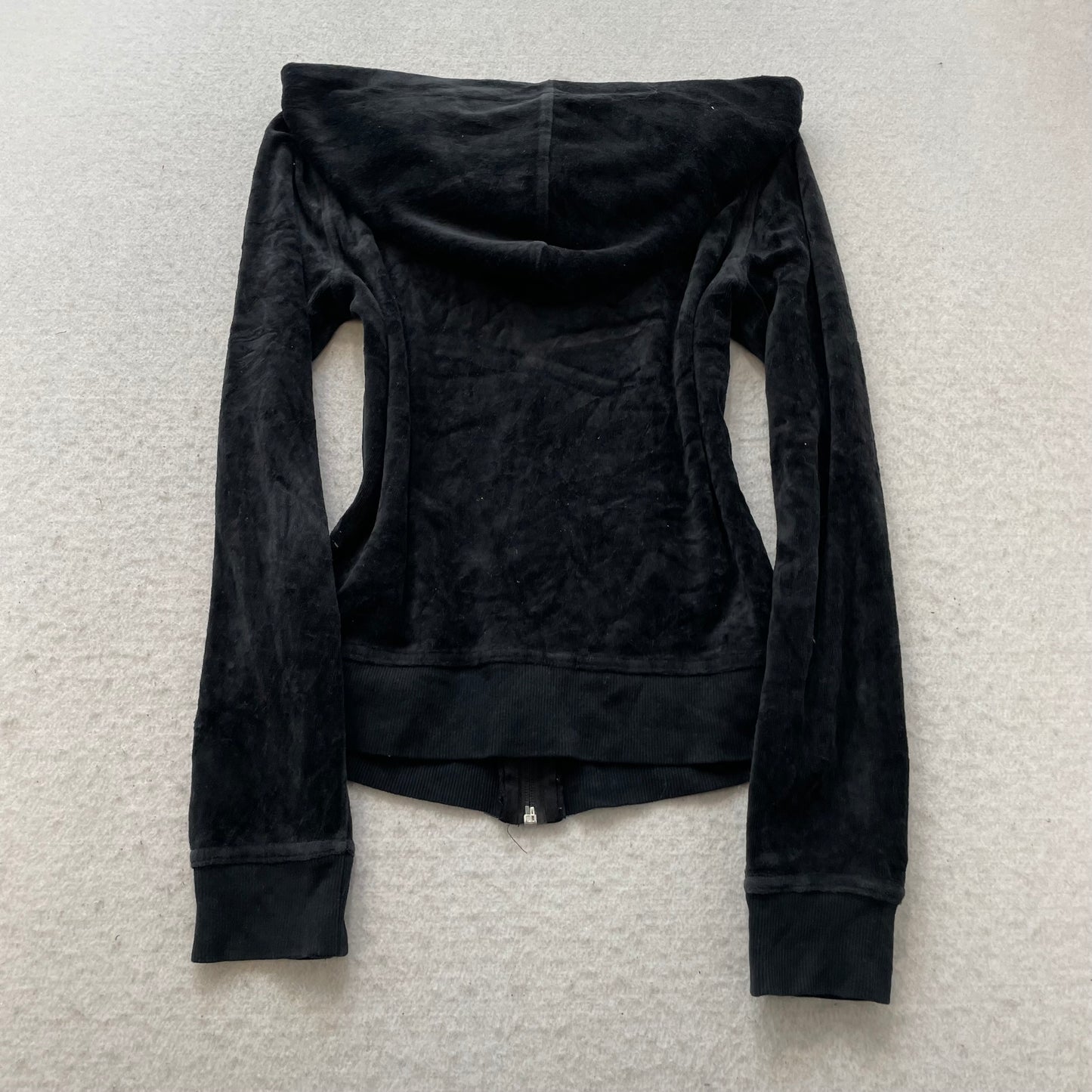Bebe Women's Charcoal Velour Zip-Up Hoodie Drawstring Rhinestone Front Logo - XS