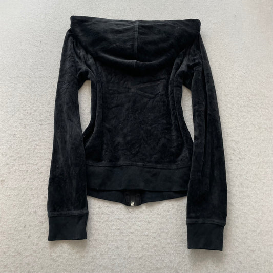 Bebe Women's Charcoal Velour Zip-Up Hoodie Drawstring Rhinestone Front Logo - XS