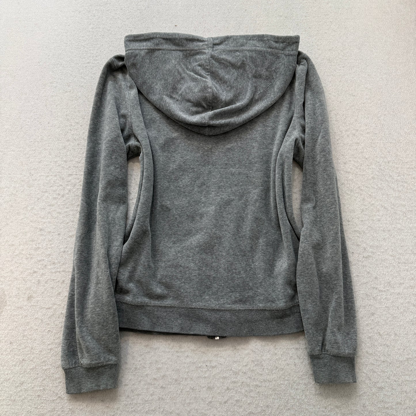 Vintage Juicy Couture Women's Dark Grey Velour Zip-Up Hoodie Drawstring Size S