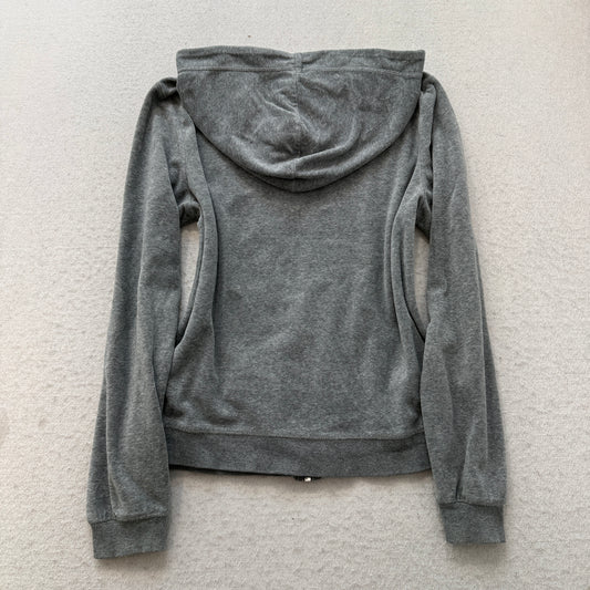 Vintage Juicy Couture Women's Dark Grey Velour Zip-Up Hoodie Drawstring Size S