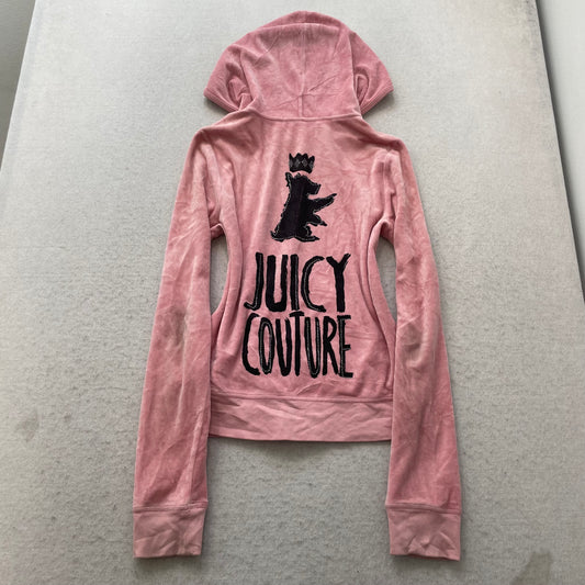 Juicy Couture Women Pink Velour Zip-Up Hoodie Loungewear Scottie Dog Logo Size M