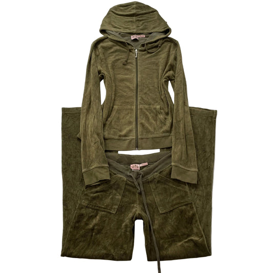 Vtg Juicy Couture Womens Olive Green Velour Tracksuit Set Hoodie & Pant Size L/S