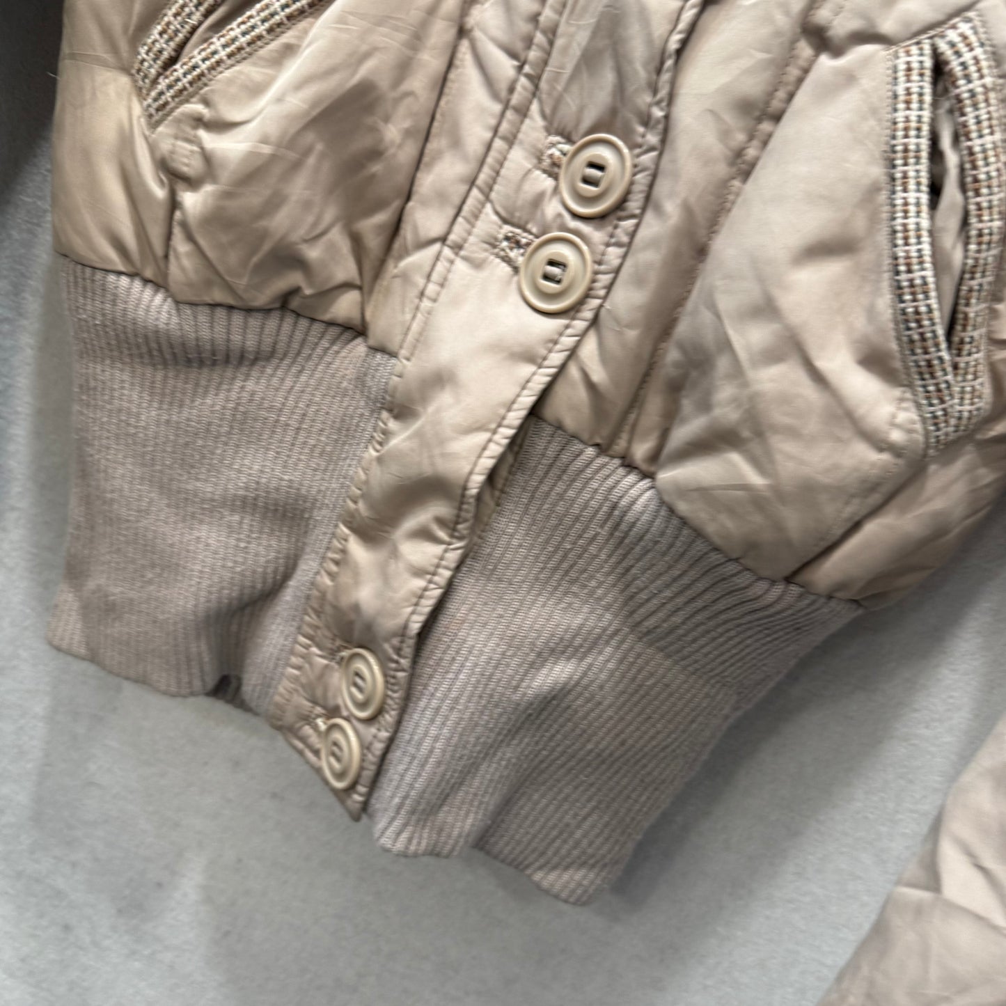 Mudd Women's Beige Zipper Bomber Jacket Ribbed Cuffs Hem Faux Fur Hooded Size S