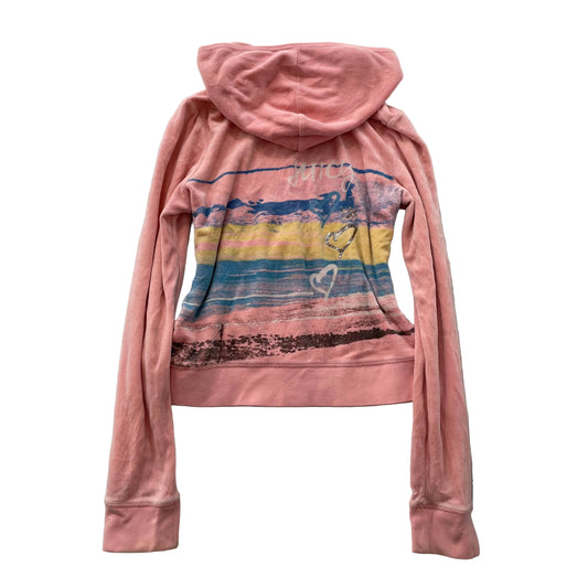 Juicy Couture Women's Coral Pink Velour Zip Up Hoodie Abstract Landscape Size XL