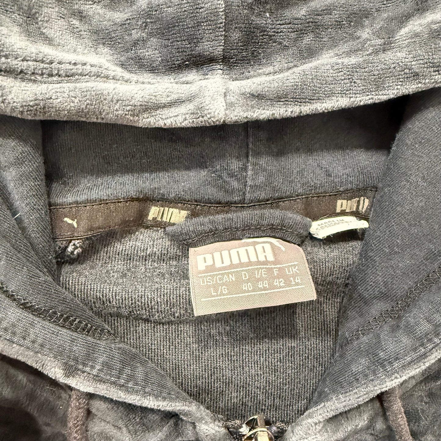 Puma Women's Charcoal Gray Velour Full Zip Hoodie Slash Pockets Logo Y2K Size L