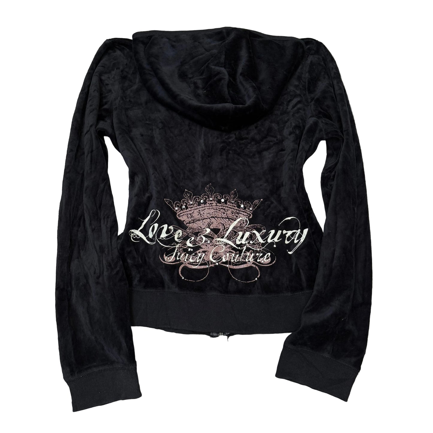 2003 Vtg Juicy Couture "Love and Luxury" Women Black Velour Zip-Up Hoodie Size S